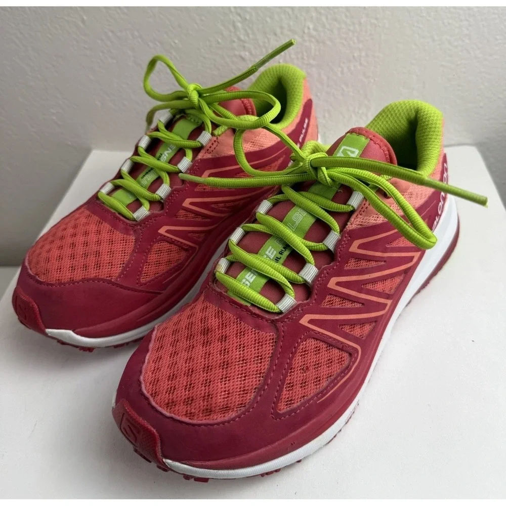Salomon Pulse Trail Running Shoes Pink Lime Mesh Athletic Sneakers Women Sz 7.5